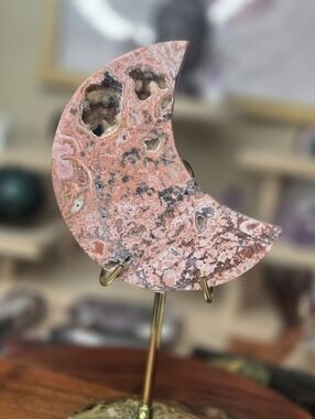 Pink Ocean Jasper Moon Crystal Stone With Gold Stand